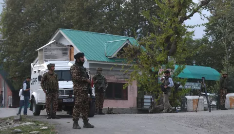 epa12046849 Security forces stand guard in Anantnag, south of Srinagar, India, 22 April 2025. Suspected terrorists opened fire on a group of tourists in Pahalgam, a popular tourist destination and hill station. EPA/FAROOQ KHAN