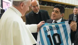 Pope Francis Receives Soccer Players - VaticanDiego Armando Maradona presents Pope Francis with an Argentine national soccer team jersey bearing the name Francisco, in the Paul VI hall at the Vatican.Catholic Press Photo Photo: Press Association/PIXSELL