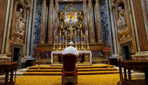 File photo - Pope Francis is praying in the chapel Paolina of the basilica Santa Maria Maggiore (St Mary Major) in front of the Marian icon 'Salus Populi Romani' on March 15, 2020 in Rome, Italy. Pope Francis said his tomb is 'already prepared' in the chapel Paolina of the Basilica of Santa Maria Maggiore. Unlike the majority of popes who have been interred beneath St Peter's Basilica, Pope Francis has reportedly made arrangements to be buried at Santa Maria Maggiore in Rome's Esquilino district. The basilica, one of the four major papal basilicas, has historically been the resting place of seven pope. Photo by (EV) Vatican Media/ABACAPRESS.COM Photo: ABACA/ABACA