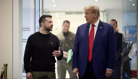 Handout photo dated September 27, 2024 shows Ukrainian President Volodymyr Zelensky (L) and Republican presidential nominee former US President Donald Trump, meeting in New York City, NY, USA. President Volodymyr Zelensky congratulated Donald Trump on his expected victory in the U.S. presidential election, voicing hopes for "strong bipartisan support for Ukraine in the United States." "Congratulations to Donald Trump on his impressive election victory!" Zelensky said on X. Trump is on the brink of victory, with only a few electoral votes left to clinch the needed 270, leaving the chances of Democratic candidate Vice President Kamala Harris increasingly slim. Photo by Ukrainian Presidency via ABACAPRESS.COM Photo: ABACA/ABACA
