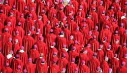 epa12055832 Cardinals attend the funeral Mass of Pope Francis in the courtyard of St. Peter's Basilica in Vatican City, 26 April 2025. Pope Francis passed away on Easter Monday, 21 April 2025, at the age of 88. EPA/DAREK DELMANOWICZ POLAND OUT