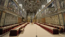 Vatican's Sistine Chapel is ready for the conclaveVatican's Sistine Chapel is ready for the conclave and the election of the new pope by the cardinals on March 12, 2013 at the Vatican. Newly-installed tables stand under Michaelangelo's frescoes in the Vatican's Sistine Chapel where Conclave of Cardinals will be hosted to pick the next Pope. The doors of the church will be locked March 12 until the Cardinals select a new Pope. Photo by ABACAPRESS.COM ABACA/PIXSELL