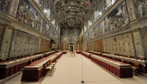 Vatican's Sistine Chapel is ready for the conclaveVatican's Sistine Chapel is ready for the conclave and the election of the new pope by the cardinals on March 12, 2013 at the Vatican. Newly-installed tables stand under Michaelangelo's frescoes in the Vatican's Sistine Chapel where Conclave of Cardinals will be hosted to pick the next Pope. The doors of the church will be locked March 12 until the Cardinals select a new Pope. Photo by ABACAPRESS.COM ABACA/PIXSELL