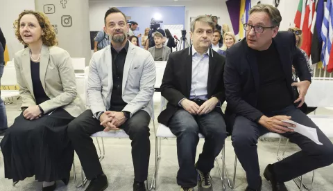 Zagreb, 28.04.2025. - Na konferenciji za medije predstavljena je platforma Vlasništvo i financiranje medija Agencije za elektroničke medije (AEM). Na fotografiji Krešimir Partl, Nina Obuljen Koržinek, Robert Tomljenović, Josip Popovac.  foto HINA/ Lana SLIVAR DOMINIĆ/ lsd