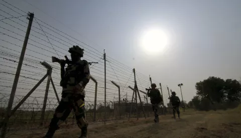 epa05561499 (FILE) A file picture dated 10 May 2016 shows members of the Indian Border Security Force (BSF) patrolling near the fence at the India-Pakistan International Border at Budwar post of Arnia sector, about 40km from Jammu, the winter capital of Kashmir, India. According to reports, the Indian army said it has carried out 'surgical strikes' against alleged militants along its Line of Control (LoC) with Pakistan, in Kashmir, on 29 September 2016. Indian authorities said that 'significant casualties' have been inflicted to 'terrorist units.' Pakistan, in response to India's claims, denied the strikes calling them a cross-border fire, media added. Both India and Pakistan claim the disputed mountainous region of Kashmir. EPA/JAIPAL SINGH