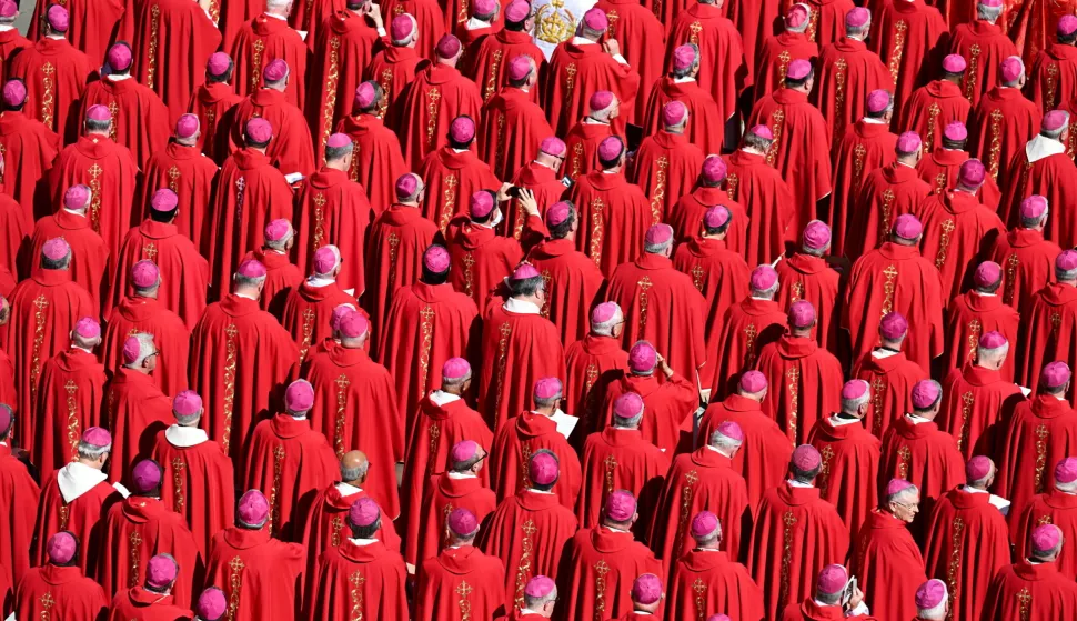 epa12055832 Cardinals attend the funeral Mass of Pope Francis in the courtyard of St. Peter's Basilica in Vatican City, 26 April 2025. Pope Francis passed away on Easter Monday, 21 April 2025, at the age of 88. EPA/DAREK DELMANOWICZ POLAND OUT