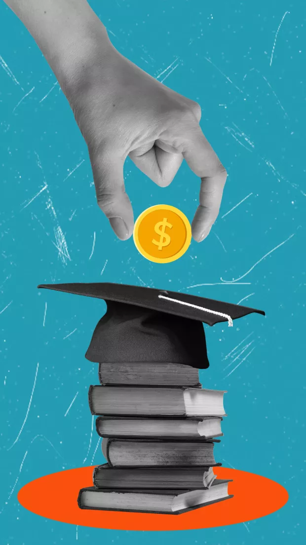 Modern art art collage depicting paying money, for education. Student loan concept, payment for education.