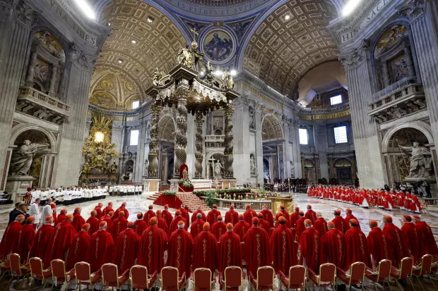 epa12065342 Cardinals attend the Fifth Novemdiale Mass in memory of late Pope Francis in Saint Peter's Basilica, Vatican City, 30 April 2025. Pope Francis passed away on Easter Monday, 21 April 2025, at the age of 88, and was buried in the Papal Basilica of St. Mary Major in Rome on 26 April. EPA/FABIO FRUSTACI
