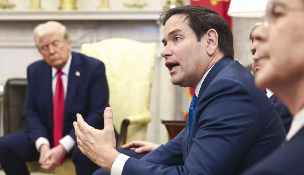 epa11930697 US Secretary of State Marco Rubio speaks while attending a meeting between US President Donald Trump (L) and Ukrainian President Volodymyr Zelensky in the Oval Office of the White House in Washington, DC, USA, 28 February 2025. Zelensky is in Washington to sign the framework of a deal, pushed by President Trump, to share Ukraines's mineral wealth with the US. EPA/JIM LO SCALZO/POOL