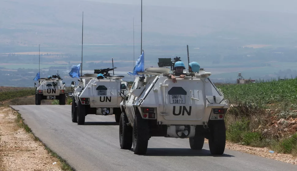 FILE PHOTO: UN peacekeepers (UNIFIL) vehicles drive in the Lebanese village of Wazzani near the border with Israel, southern Lebanon, July 6, 2023. REUTERS/Aziz Taher/File Photo Photo: AZIZ TAHER/REUTERS