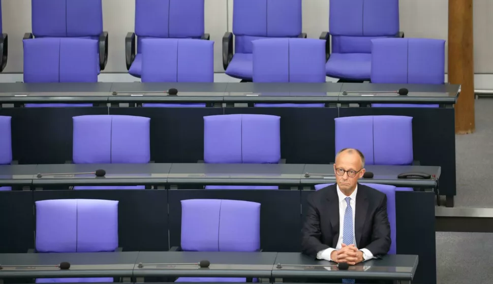 (250507) -- BERLIN, May 7, 2025 (Xinhua) -- Friedrich Merz, leader of Germany's conservative Christian Democratic Union (CDU), sits in the chancellor's seat after taking the oath at the Reichstag building in Berlin, Germany, on May 6, 2025. Friedrich Merz was sworn in as Chancellor on Tuesday during a session of the Bundestag, the country's lower house of parliament. Merz secured 325 votes in the Bundestag, surpassing the required 316-seat majority. (Xinhua/Du Zheyu) Photo: Du Zheyu/XINHUA