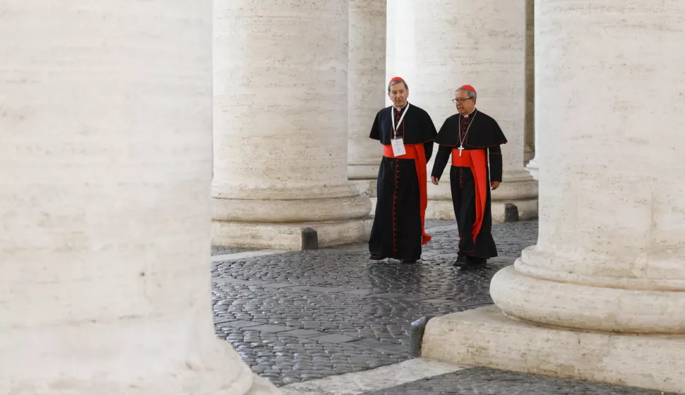epa12077120 Cardinals Ruben Salazar Gomez (L) and Luis Jose' Rueda Aparicio arrive for the meeting of the General Congregation of Cardinals, in Vatican City, 06 May 2025. The cardinals continue their deliberations during general congregations held following the death of Pope Francis, in preparation for the assembly to elect a new pope, known as the conclave. EPA/FABIO FRUSTACI