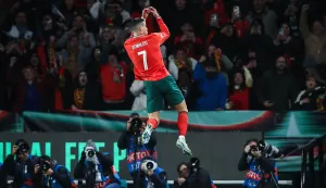 epa11984325 Portugal's Cristiano Ronaldo celebrates scoring a goal during the UEFA Nations League playoff second leg soccer match between Portugal and Denmark at Alvalade Stadium, in Lisbon, Portugal, 23 March 2025. EPA/RODRIGO ANTUNES