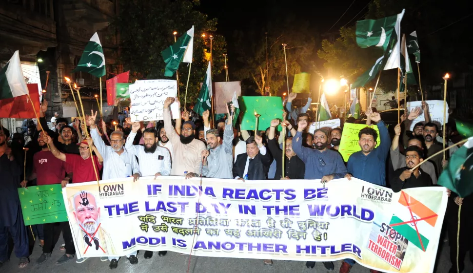 epa12069962 Activists and citizens attend a protest rally against India after recent tensions over the Pahalgam attack, in Hyderabad, Pakistan, 02 May 2025. Pakistan's National Security Committee (NSC) convened on 24 April to respond to India's recent measures, including the suspension of the Indus Waters Treaty and the downgrading of diplomatic ties, following a deadly attack in Pahalgam, India-administered Kashmir, that left 26 people dead. India has alleged Pakistan's involvement in cross-border terrorism, a claim Pakistan denies. EPA/NADEEM KHAWAR