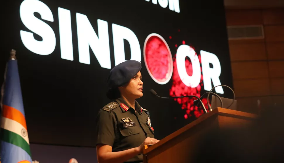 epa12079400 Colonel Sofiya Qureshi from the Indian Army briefs the media about 'Operation Sindoor' at the National Media center in New Delhi, India 07 May 2025. The Indian government said it had carried out military strikes on nine sites in Pakistan in retaliation for the deadly militant attack on tourists in the popular tourist resort of Pahalgam in south Kashmir on 22 April 2025, which left 26 dead and several injured. EPA/HARISH TYAGI