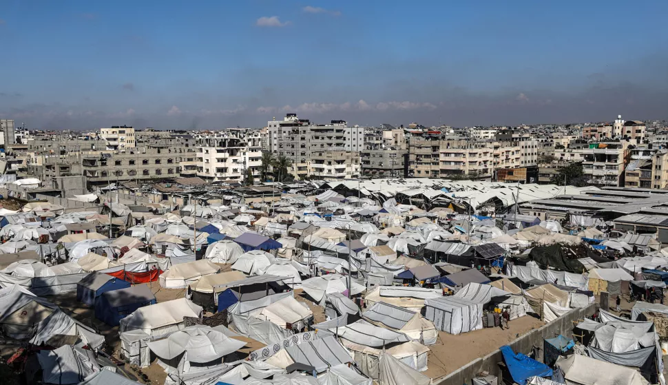 epa12075427 Tents of internally displaced Palestinians, who fled from northern Gaza Strip and east of Gaza City, set up next to Al Yarmouk stadium in central Gaza City, the Gaza Strip, 05 May 2025. According to the UN, at least 1.9 million people (or nine in ten people) across the Gaza Strip are internally displaced, including people who have been repeatedly displaced. Since October 2023, only about 11 percent of the Gaza Strip has not been placed under Israeli-issued evacuation orders, the UN aid coordination office OCHA said. EPA/MOHAMMED SABER