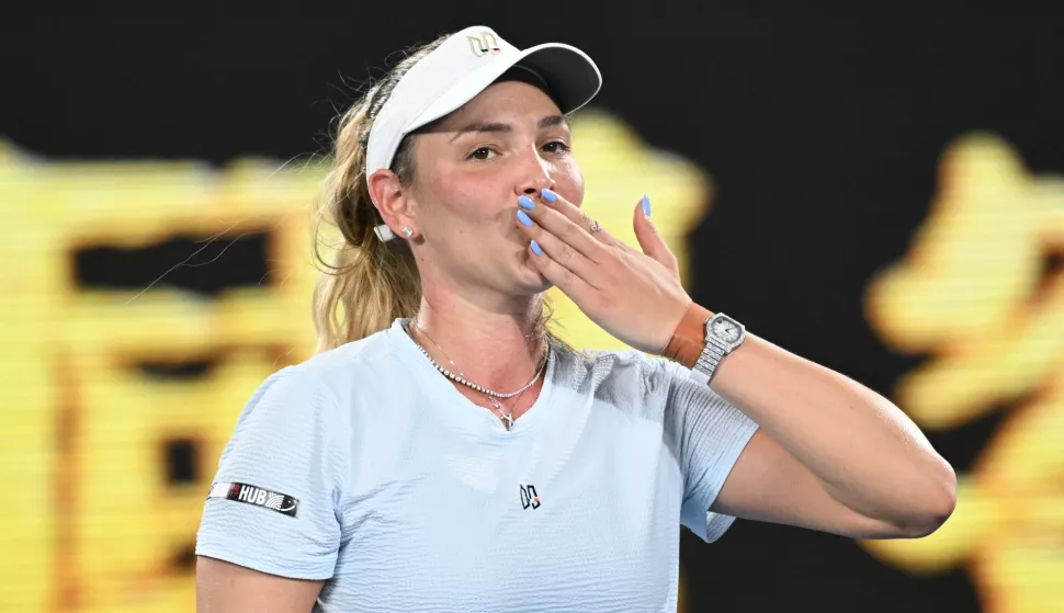 epa11819470 Donna Vekic of Croatia celebrates a round 1 win in the Australian Open tennis tournament against Diane Parry of France at Melbourne Park in Melbourne, Australia, 12 January 2025. EPA/JAMES ROSS AUSTRALIA AND NEW ZEALAND OUT