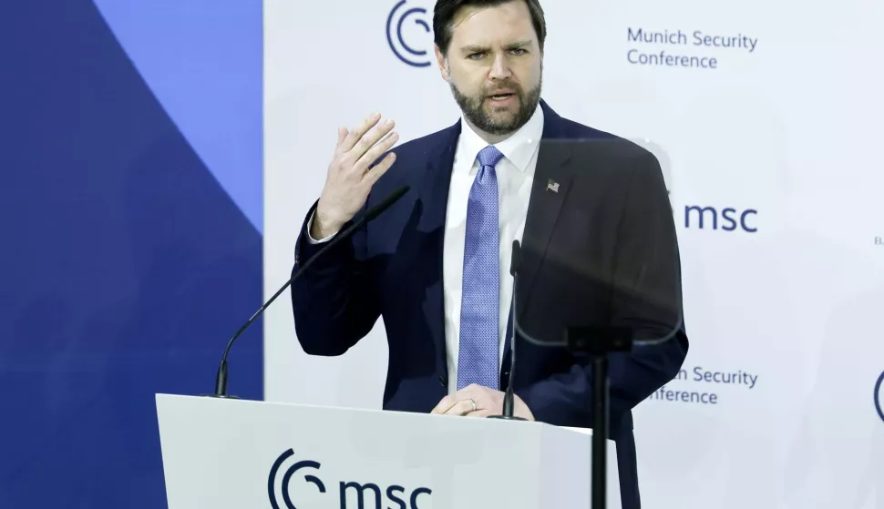 epa11895770 US Vice President JD Vance speaks during the 61st Munich Security Conference (MSC), in Munich, Germany, 14 February 2025. High-level international decision-makers meet at the 61st Munich Security Conference in Munich from 14 to 16 February 2025 during their annual meeting to discuss global security issues. EPA/RONALD WITTEK