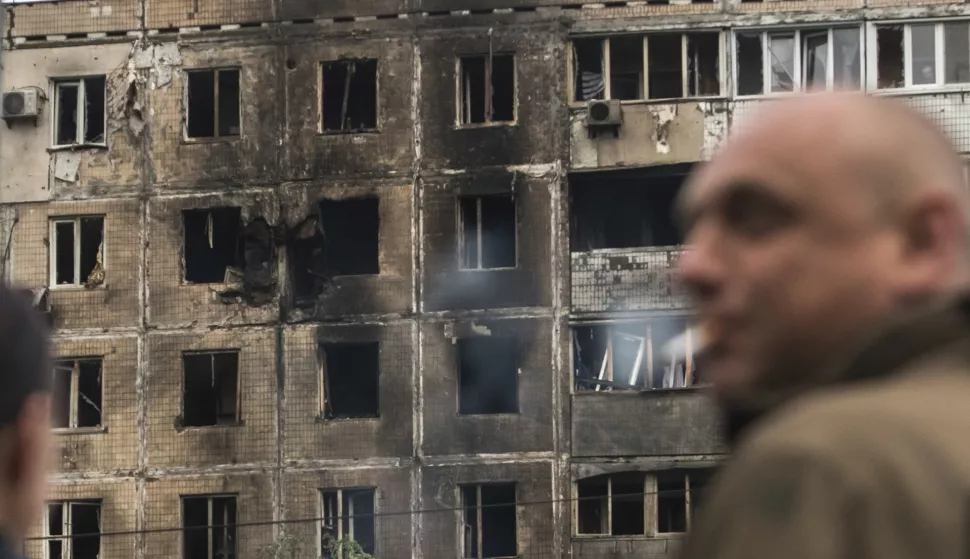 epa12079645 A view of the site where a drone struck a nine-storey residential building in Kyiv, Ukraine, 07 May 2025, amid the ongoing Russian invasion. At least two people were killed and seven injured, including four children, in overnight strikes on multiple residential areas, according to the State Emergency Service. Russia launched a large-scale attack using at least four ballistic missiles and 142 drones across Ukraine. EPA/MAXYM MARUSENKO