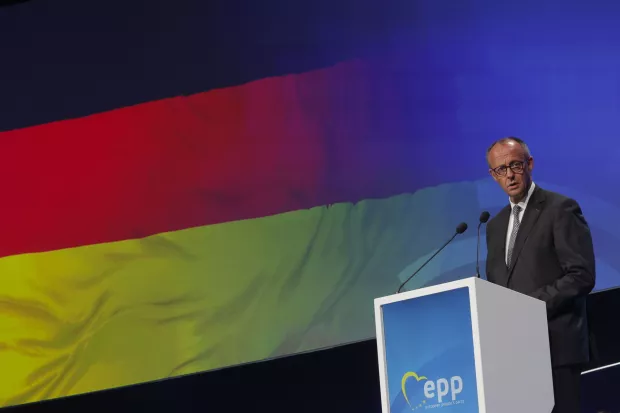 epa12063059 Chairman of the German Christian Democratic Union (CDU) party Friedrich Merz delivers a speech during the opening ceremony of the European People's Party Congress in Valencia, eastern Spain, 29 April 2025. EPA/KAI FORSTERLING