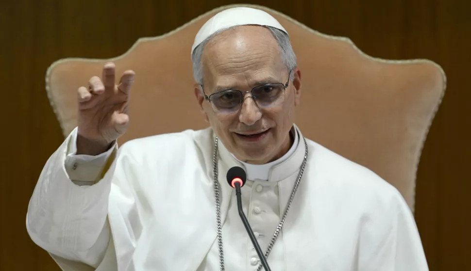 epa12088351 A handout picture provided by the Vatican Media shows Pope Leo XIV gesturing as he attends a meeting with cardinals in Vatican City, 10 May 2025. Cardinal Robert Francis Prevost was elected to become Pope Leo XIV by the conclave at the Vatican on 08 May 2025. EPA/VATICAN MEDIA HANDOUT HANDOUT EDITORIAL USE ONLY/NO SALES