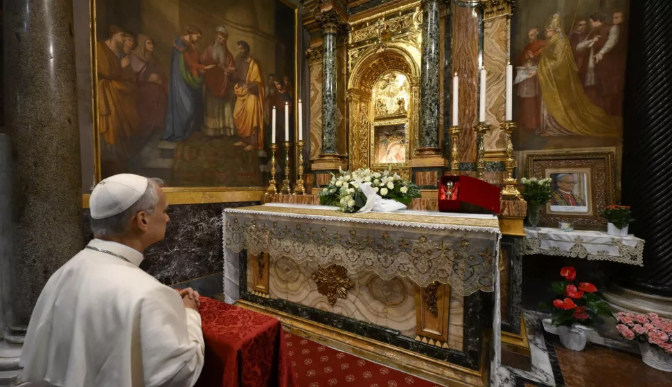 epa12089353 A handout photo made available by the Vatican Media shows Pope Leo XIV during his visit to the Sanctuary of the Mother of Good Counsel in Genazzano, near Rome, Italy, 10 May 2025. Cardinal Robert Francis Prevost was elected to become Pope Leo XIV by the conclave at the Vatican on 08 May 2025. EPA/VATICAN MEDIA HANDOUT HANDOUT EDITORIAL USE ONLY/NO SALES