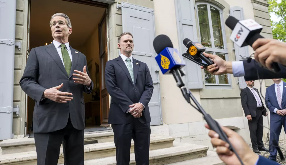 epa12092030 U.S. Secretary of the Treasury Scott Bessent (L) and U.S. Trade Representative Jamieson Greer (R) speak to the press after the second day of a bilateral meeting between the United States and China, in Geneva, Switzerland, 11 May 2025. EPA/MARTIAL TREZZINI EDITORIAL USE ONLY