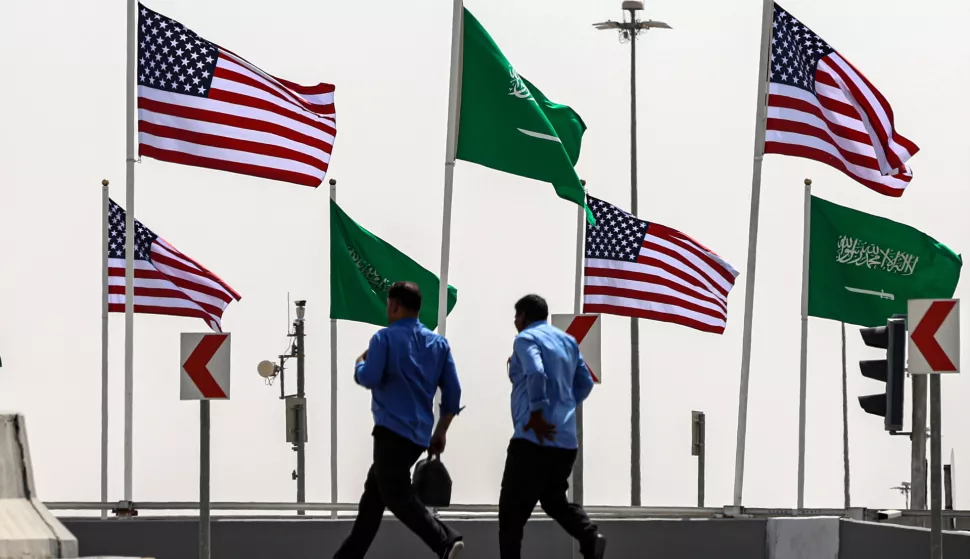 epa12094083 A street is decorated with the flags of Saudi Arabia and the US ahead of the US president's visit, in Riyadh, Saudi Arabia, 12 May 2025. The US President Donald Trump will start his visit to the Arabian Gulf region on 13 May 2025, with stops in Qatar and the United Arab Emirates and starting from Riyadh, where he is expected to attend a meeting with the leaders of the Gulf Cooperation Council (GCC). EPA/ALI HAIDER