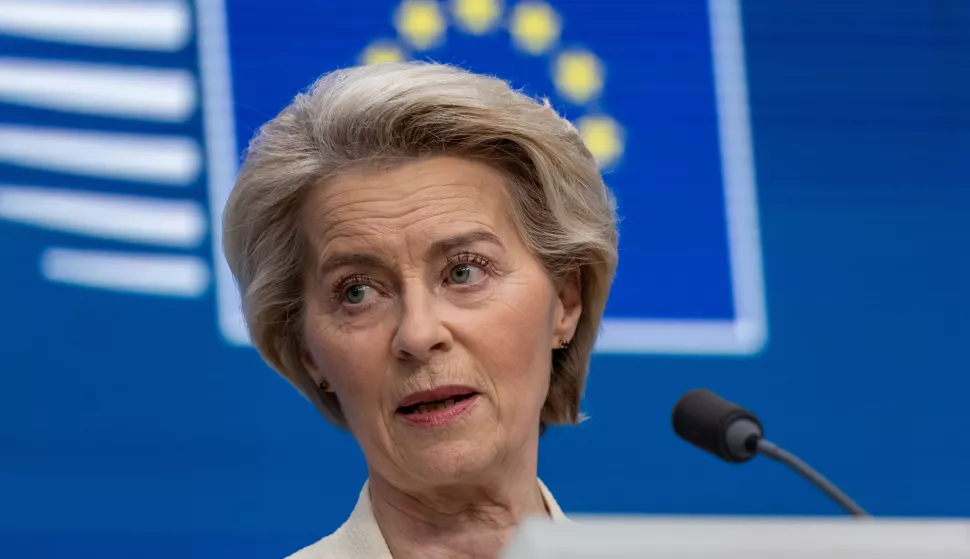 epa11945914 European Commission President Ursula von der Leyen speaks to the media after a Special European Council meeting in Brussels, Belgium, 06 March 2025. The EU leaders are convening for a special summit to discuss ongoing support for Ukraine and enhance European defence. EPA/CHRISTOPHE PETIT TESSON