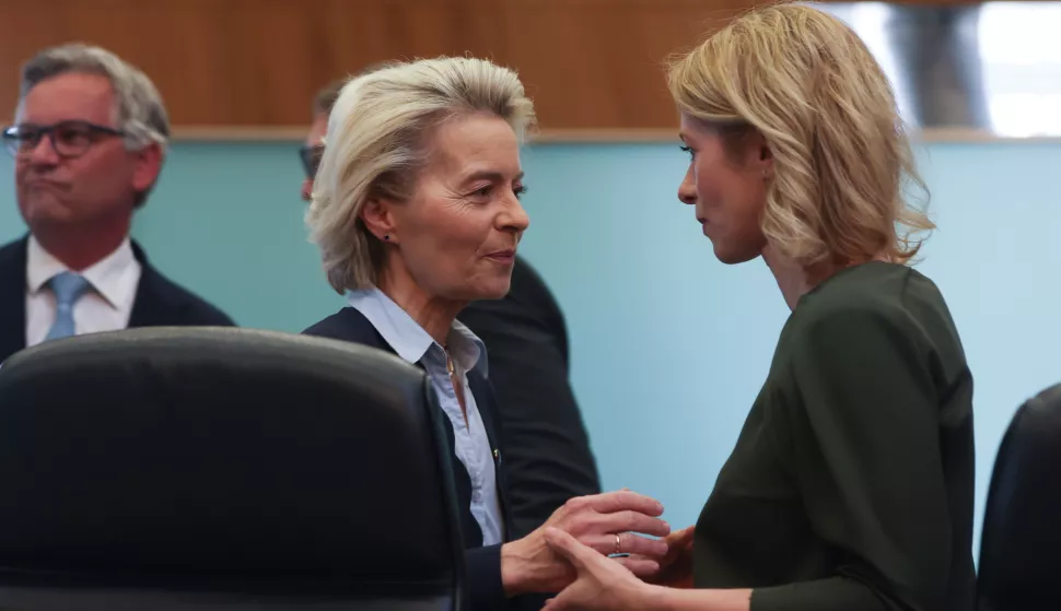 epa12098391 European Commission President Ursula von der Leyen (L) and High Representative of the Union for Foreign Affairs Kaja Kallas greet each other at the start of a European Commission College meeting in Brussels, Belgium, 14 May 2025. The European Court of Justice in Luxembourg judges on May 14 are set to rule on 'Pfizergate', a major transparency case, on whether von der Leyen was wrong to withhold text messages exchanged with the Pfizer CEO during key vaccine contract talks. The case, sparked by a 2022 New York Times lawsuit, challenges von der Leyen's leadership style and her commitment to transparency. EPA/OLIVIER HOSLET