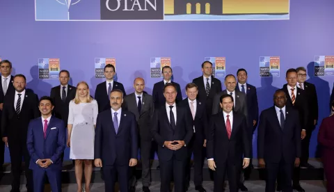 epa12101524 (Front row) NATO Secretary General Mark Rutte (C), Turkish Foreign Minister Hakan Fidan (2-L), British Foreign Secretary David Lammy (2-R), US Secretary of State Marco Rubio (3-R) and particiapants pose for a family photo session during an informal meeting of North Atlantic Treaty Organization (NATO) Ministers of Foreign Affairs, in Antalya, Turkey, 15 May 2025. EPA/ERDEM SAHIN