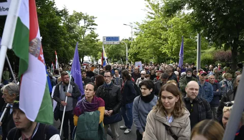epa12107207 People attend a protest by Momentum Movement entitled 'Free Country, Free Press, Free Elections', which was held against the adoption of the bill On The Transparency Of Public Life in front of the Office for the Protection of Sovereignty in Budapest, Hungary, 16 May 2025. EPA/Boglarka Bodnar HUNGARY OUT