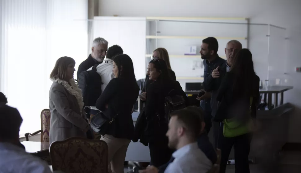 Zagreb, 19.05.2025 - Konferencija za medije Nezavisnog sindikata znanosti i visokog obrazovanja o odnosu resornog ministarstva i ministra obrazovanja i znanosti Radovana Fuchsa prema sustavima. Na fotografiji Božica Žilić, Katarina TurkovićŽeljko Stipić, Matija Kroflin, Zrino Turalija. foto HINA/ Daniel KASAP/ dk