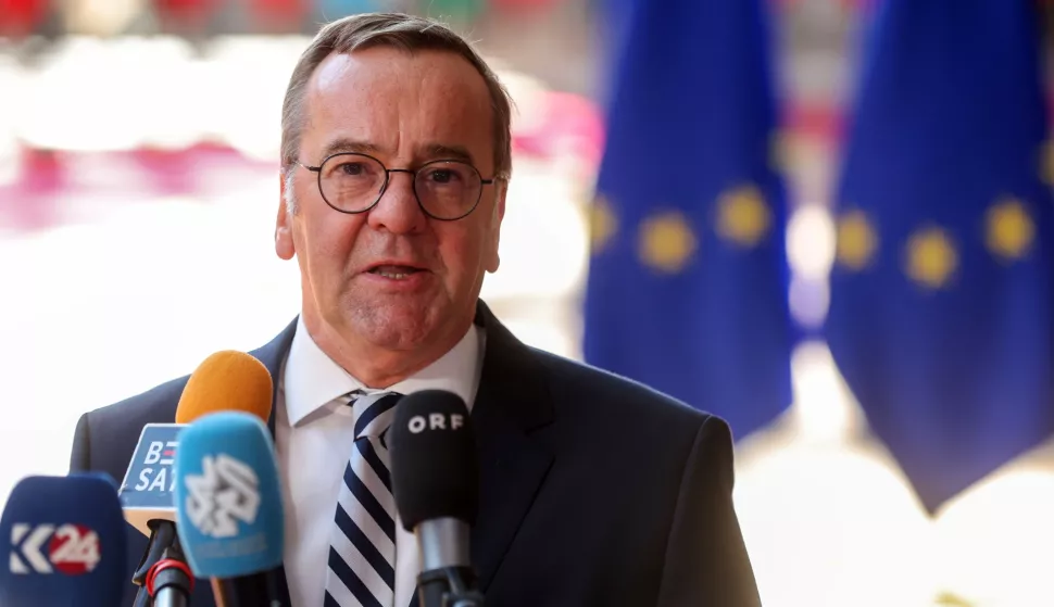 epa12118502 German Minister of Defence Boris Pistorius speaks to the press during a European Foreign Affairs and Defense Ministers Council in Brussels, Belgium, 20 May 2025. The Council will discuss EU military support for Ukraine and the latest developments in the Middle East and in Syria. EPA/OLIVIER HOSLET