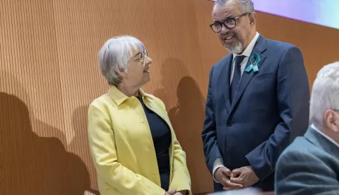 epa12115968 Director General of the World Health Organization (WHO) Tedros Adhanom Ghebreyesus (R) talks with Swiss Interior Minister Elisabeth Baume-Schneider during the opening of the 78th World Health Assembly (WHA78) at the European headquarters of the United Nations in Geneva, Switzerland, 19 May 2025. EPA/MAGALI GIRARDIN
