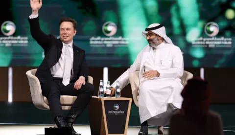 epa12096583 SpaceX and xAI CEO Elon Musk (L) attends a panel at the Saudi-US Investment Forum in Riyadh, Saudi Arabia, 13 May 2025. The forum is taking place during the state visit of US President Trump to Saudi Arabia on 13 May. EPA/ALI HAIDER