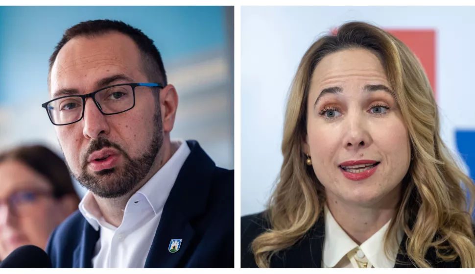 Zagreb, 18.5.2025.- Prema drugoj izlaznoj anketi objavljenoj u 20 sati, u ?etiri najve?a grada prema broju glasova u izboru za gradona?elnika i dalje vode Tomislav Toma?evi? u Zagrebu, Ivica Puljak u Splitu, Iva Rin?i? u Rijeci i Ivan Radi? u Osijeku. Na fotografijama Tomislav Toma?evi? i Marija Selak Raspudi?. foto Hina/ Dario GRZELJ/ ua