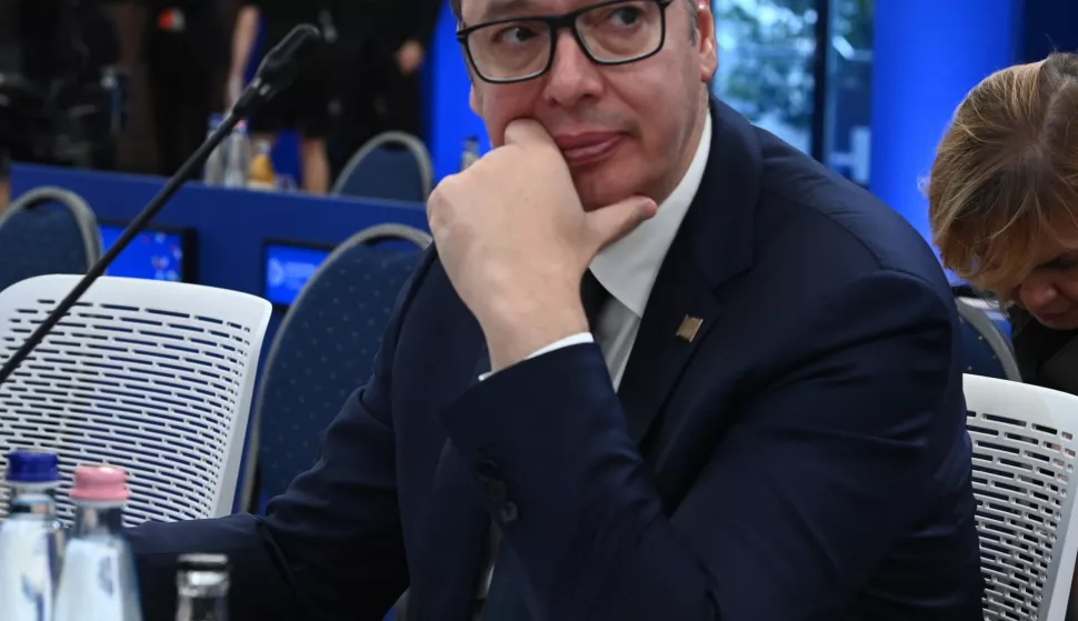 epa11707163 Serbian President Aleksandar Vucic attends a plenary session of the 5th summit of the European Political Community (EPC) held in Puskas Arena in Budapest, Hungary, 07 November 2024 EPA/ZOLTAN MATHE HUNGARY OUT