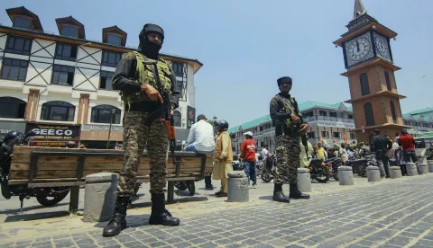 Indian soldiers stand alert near the clock tower in Srinagar, India-administered Jammu and Kashmir, during a Tiranga rally on May 22, 2025 to celebrate the "Operation Sindoor" in which Indian forces conducted missile strikes in Pakistan in the wake of the Pahalgam attack in which 26 civilians were killed on 22 April 2025. Photo by Faisal Khan/Middle East Images/ABACAPRESS.COM Photo: Middle East Images/ABACA/ABACA