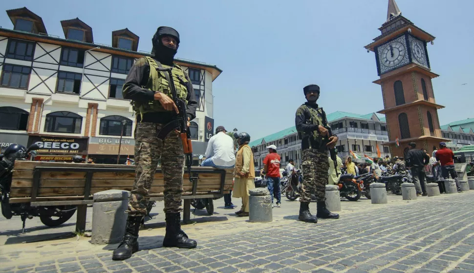 Indian soldiers stand alert near the clock tower in Srinagar, India-administered Jammu and Kashmir, during a Tiranga rally on May 22, 2025 to celebrate the "Operation Sindoor" in which Indian forces conducted missile strikes in Pakistan in the wake of the Pahalgam attack in which 26 civilians were killed on 22 April 2025. Photo by Faisal Khan/Middle East Images/ABACAPRESS.COM Photo: Middle East Images/ABACA/ABACA