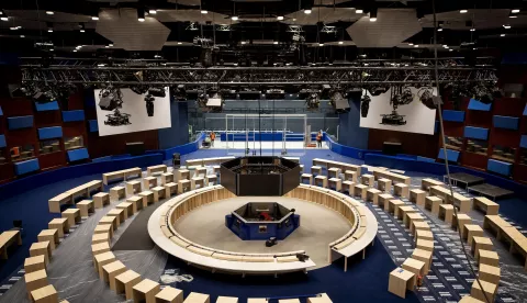 epa12125437 A view of the meeting room for the upcoming NATO summit at the World Forum in The Hague, the Netherlands, 22 May 2025. The Netherlands will host the NATO Summit in The Hague on 24-25 June 2025. EPA/KOEN VAN WEEL