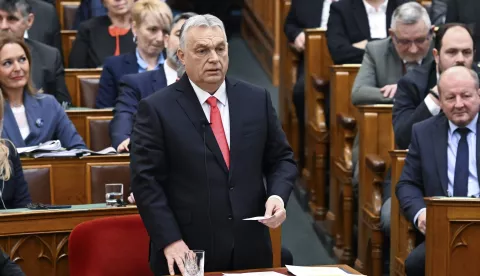 epa11921741 Hungarian Prime Minister Viktor Orban responds to the speeches of parliamentary faction leaders at the start of the spring session of the National Assembly in Budapest, Hungary, 24 February 2025. EPA/ZOLTAN MATHE HUNGARY OUT