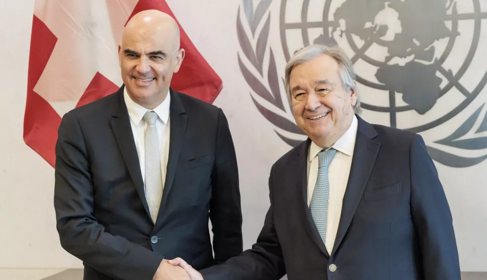 epa10506503 Switzerland's President Alain Berset (L) with United Nations Secretary-General Antonio Guterres (R) at the start of a meeting at United Nations headquarters in New York, New York, USA, 06 March 2023. EPA/JUSTIN LANE