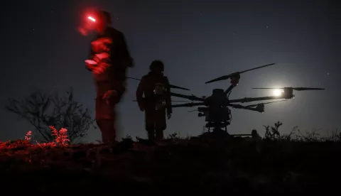 epa12104847 A handout photo made available by the press service of the 24th Mechanized Brigade of the Ukrainian Armed Forces on 16 May 2025 shows servicemen of the 24th Mechanized Brigade named after King Danylo operating a 'Kazhan' (Bat) unmanned aerial vehicle (UAV) for supply delivery and bomb carrying at an undisclosed location near the frontline city of Chasiv Yar, Donetsk region, eastern Ukraine, 15 May 2025, amid the Russian invasion. EPA/24TH MECHANIZED BRIGADE PRESS SERVICE HANDOUT HANDOUT EDITORIAL USE ONLY/NO SALES