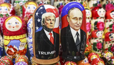 epa11892745 Traditional Russian wooden dolls Matryoshka depicting Russian President Vladimir Putin and US President Donald Trump are displayed for sale at a souvenir shop in Moscow, Russia, 13 February 2025. Russia has begun preparing a negotiating group to organize a meeting between the presidents of Russia and the United States, Russian presidential press secretary Dmitry Peskov said. The day before, Putin and Trump had a telephone conversation. EPA/MAXIM SHIPENKOV