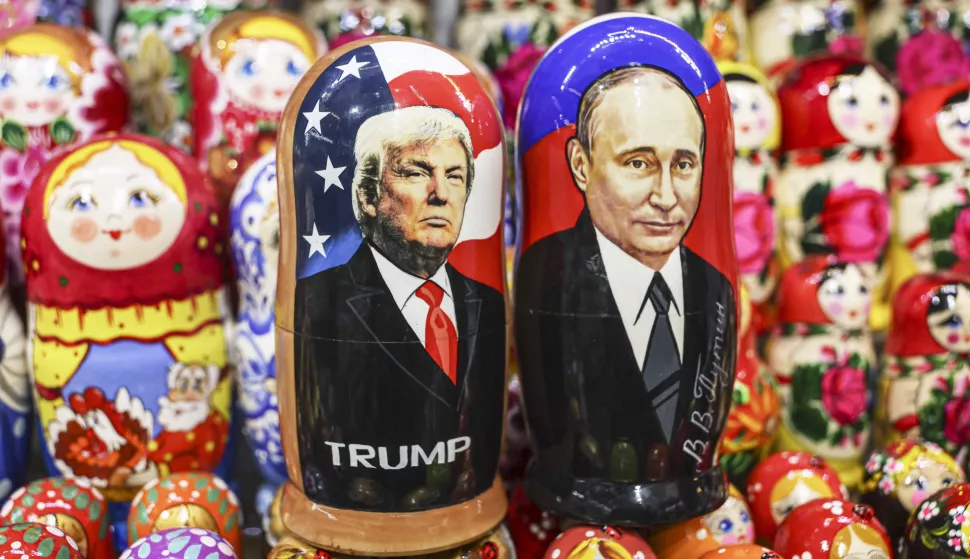 epa11892745 Traditional Russian wooden dolls Matryoshka depicting Russian President Vladimir Putin and US President Donald Trump are displayed for sale at a souvenir shop in Moscow, Russia, 13 February 2025. Russia has begun preparing a negotiating group to organize a meeting between the presidents of Russia and the United States, Russian presidential press secretary Dmitry Peskov said. The day before, Putin and Trump had a telephone conversation. EPA/MAXIM SHIPENKOV