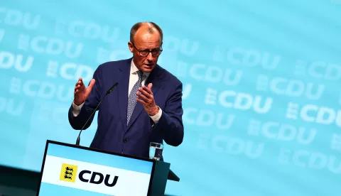 epa12108597 German Chancellor and the Chairman of the Christian Democratic Union (CDU), Friedrich Merz, delivers a speech during a state party conference of the CDU Baden-Wuerttemberg in Stuttgart, Germany, 17 May 2025. EPA/ANNA SZILAGYI