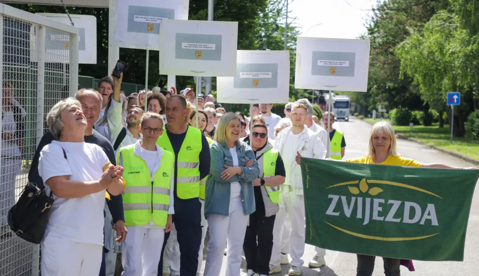 Zagreb, 27.05.2025.- U organizaciji Sindikata zaposlenih u poljoprivredi, prehrambenoj i duhanskoj industriji i vodoprivredi Hrvatske održao se štrajk u kompanijama JAMNICA plus d.o.o., ZVIJEZDA plus d.o.o. i PIK VRBOVEC plus d.o.o. Na fotografiji pogon ZVIJEZDA plus d.o.o. u ulici Marijana Čavića u Zagrebu.foto HINA/ Admir BULJUBAŠIĆ/ abu