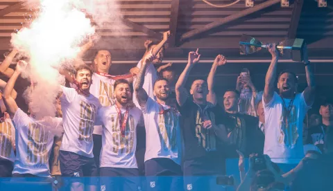 Rijeka, 25.05.2025 - Utakmica poslijednjeg kola Prve HNL između Rijeke i Slaven Belupa. Na slici slavlje nogometa&scaron;a Rijeke.foto HINA/ Damir SENČAR/ ds