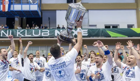 28.05.2025., Nasice - Rukometno prvenstvo Hrvatske, RK Nexe - RK Zagreb. Ihar Bialiauski, Ante Grbavac, Roko Trivkovic, Filip Glavas, Paolo Kraljevic, Adin Faljic, Maksimilijan Molc Photo: Borna jaksic/PIXSELL